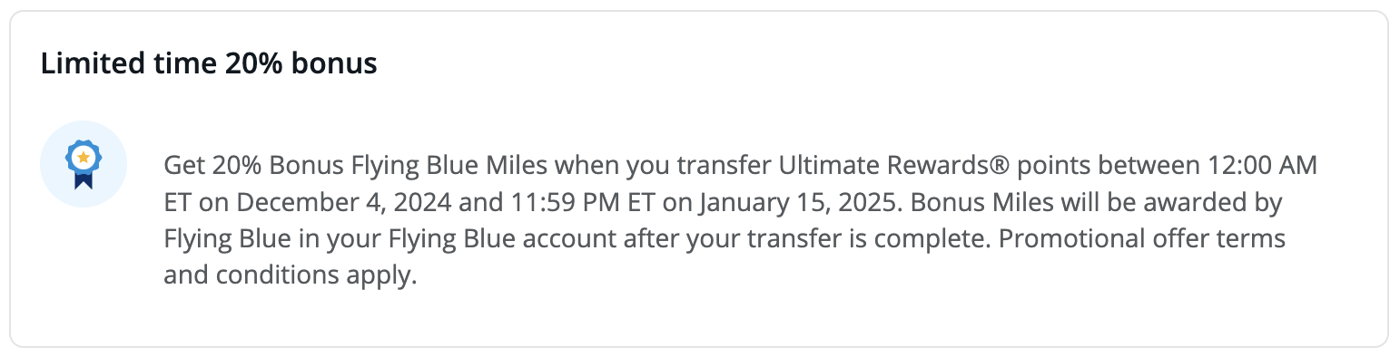 20% transfer bonus from Chase to Air France/KLM Flying Blue